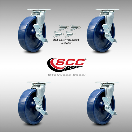 Service Caster 8 Inch SS Solid Poly Caster Set with Roller Bearings and Brake/Swivel Lock SCC SCC-SS30S820-SPUR-TLB-BSL-4